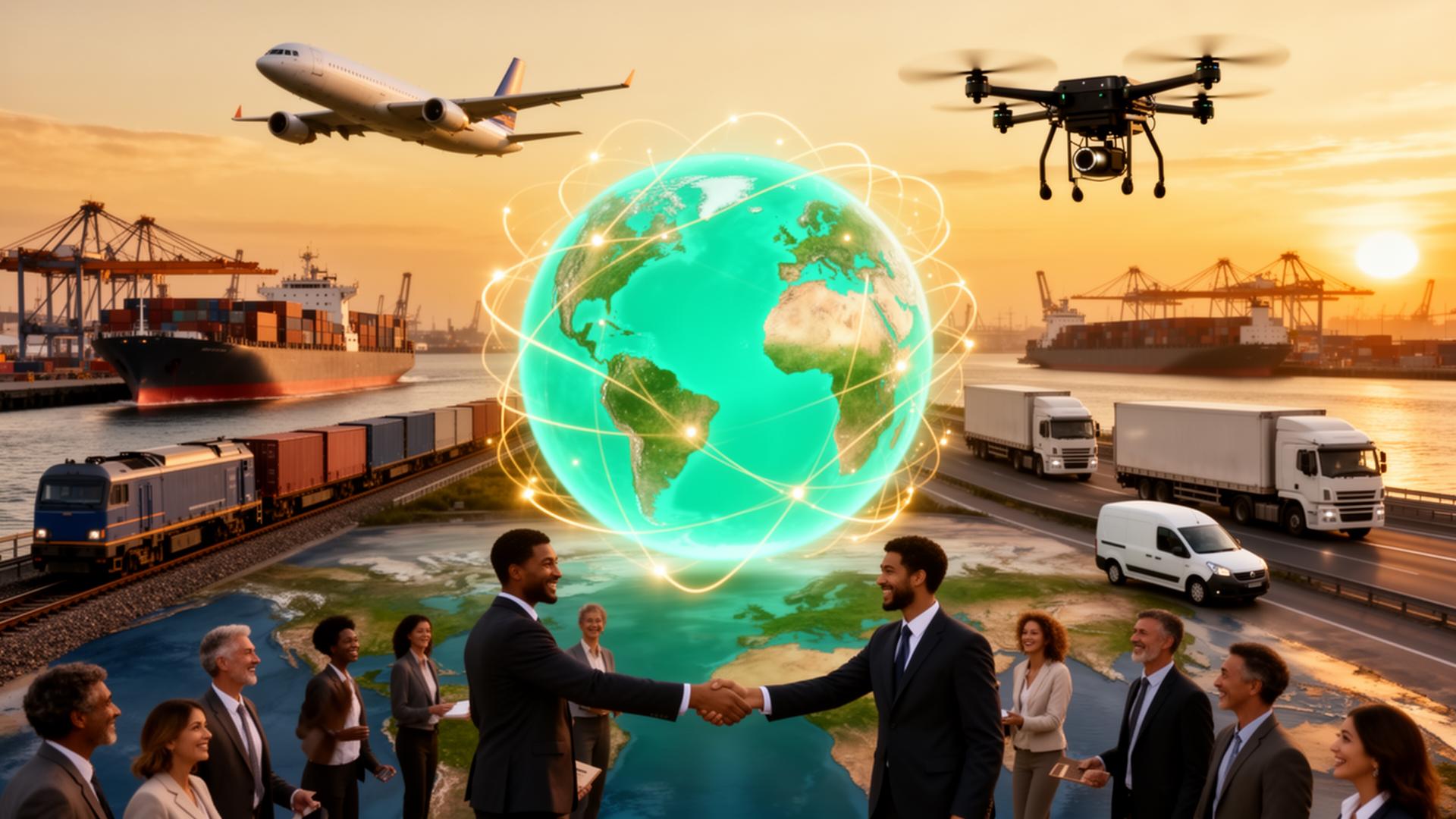 Comerț global B2B — avion, navă, tren, camioane, dube și drone conectează furnizori cu clienți din toată lumea
