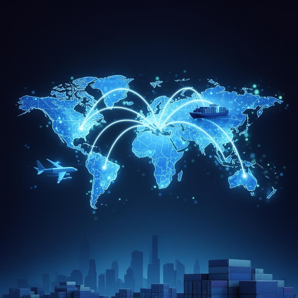 Hartă mondială cu rute comerciale globale, cargo, avion și containere
